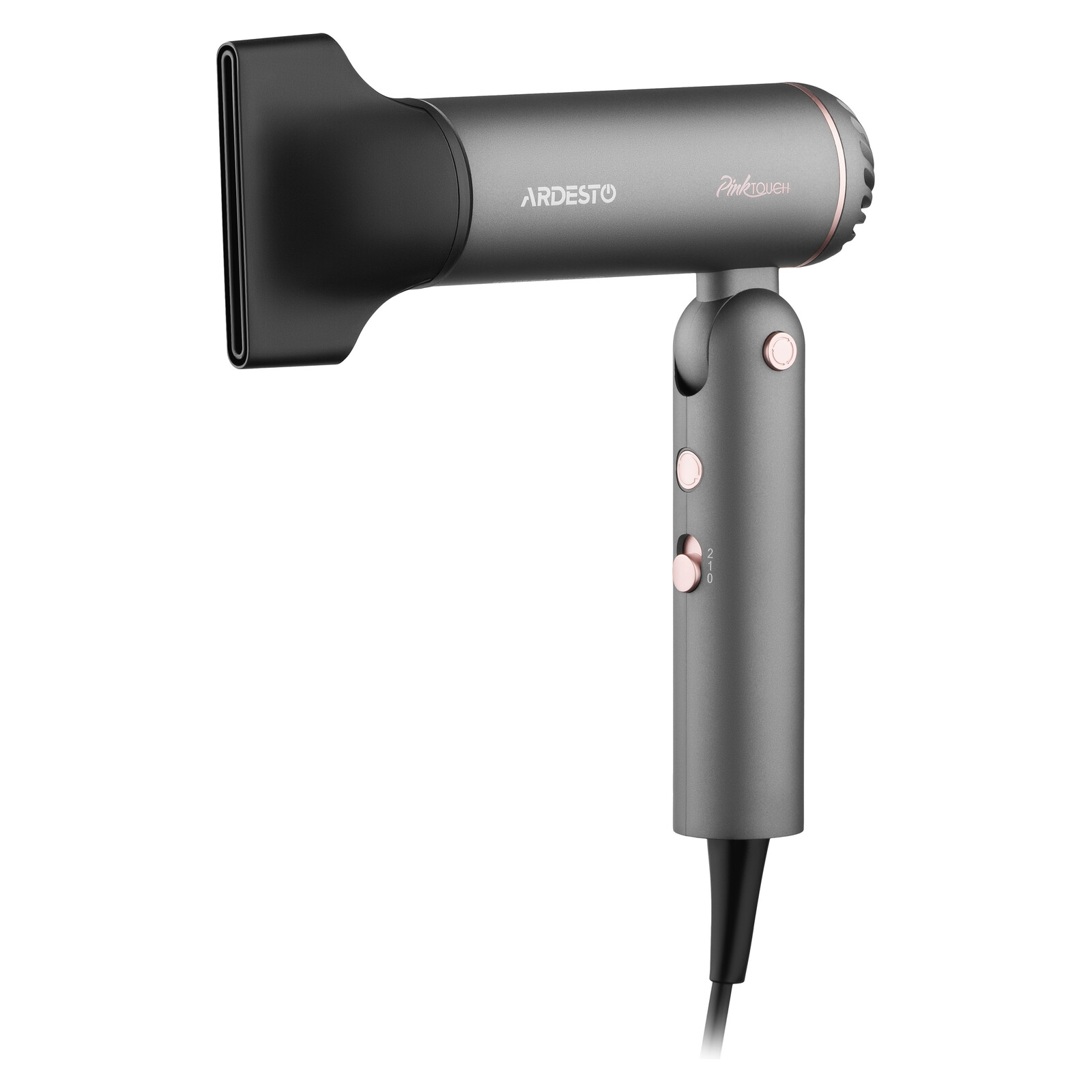 Hair Dryer ARDESTO HD-R360PT Pink Touch, 1300W, BLDC Motor, 2 Speeds, 3 Heat Settings, Foldable Handle, Gray/Pink
