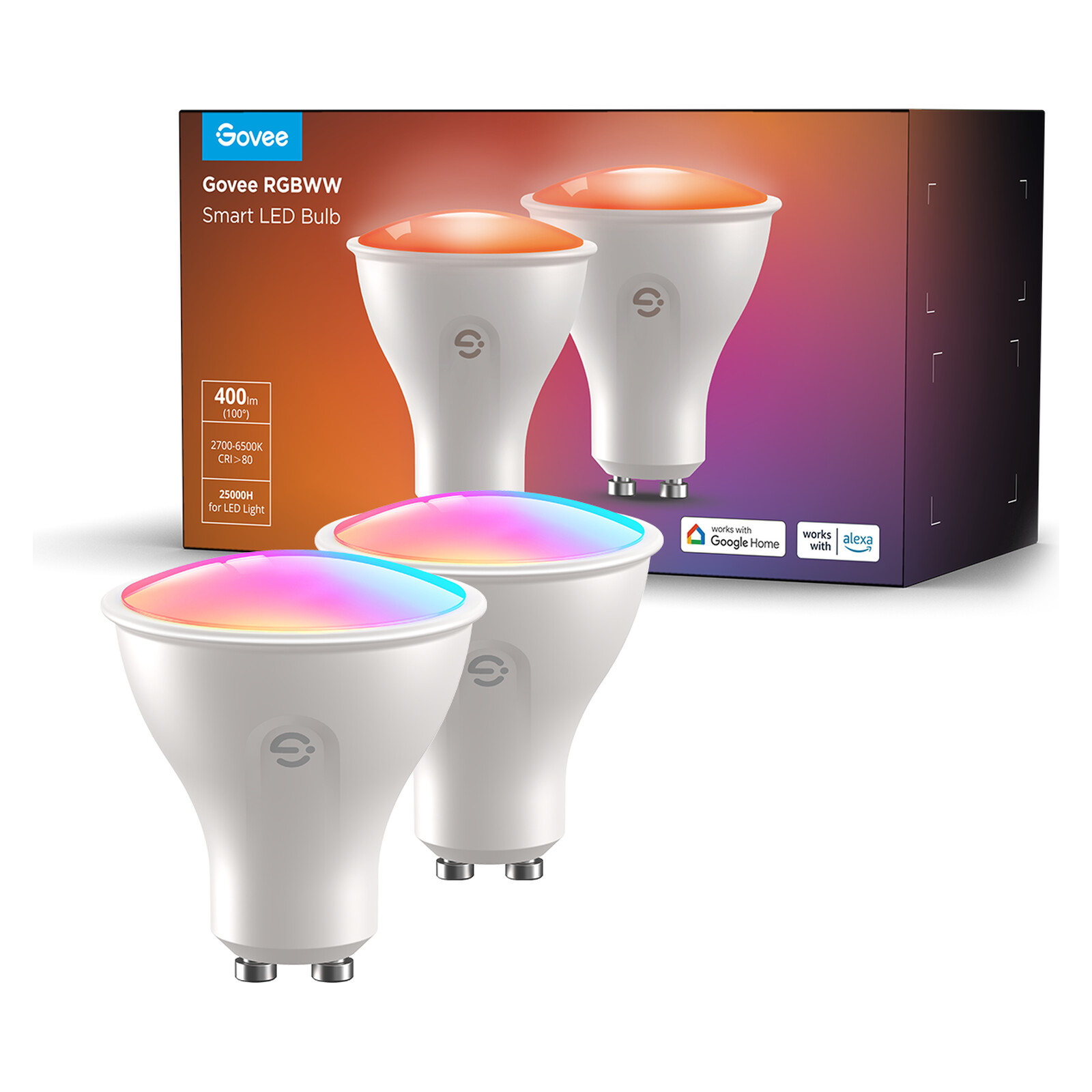 Smart Bulb Govee H600D (B600D3C1) RGBWW Smart LED Bulb GU10, 400lm, Wi-Fi/Bluetooth, 2 pcs, White