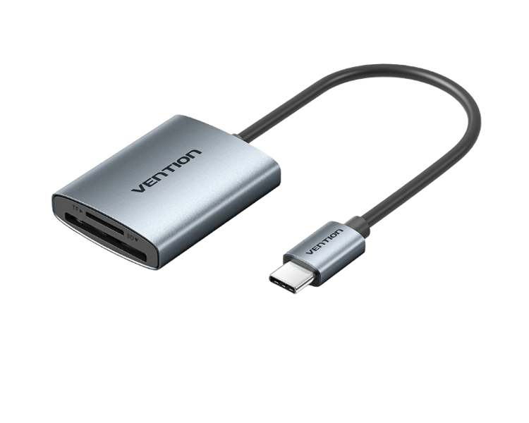 ადაპტერი: Vention CLOHB 2-in-1 SD 4.0 Card Reader (SD+TF) USB-C 3.0 0.15m Gray Aluminum
